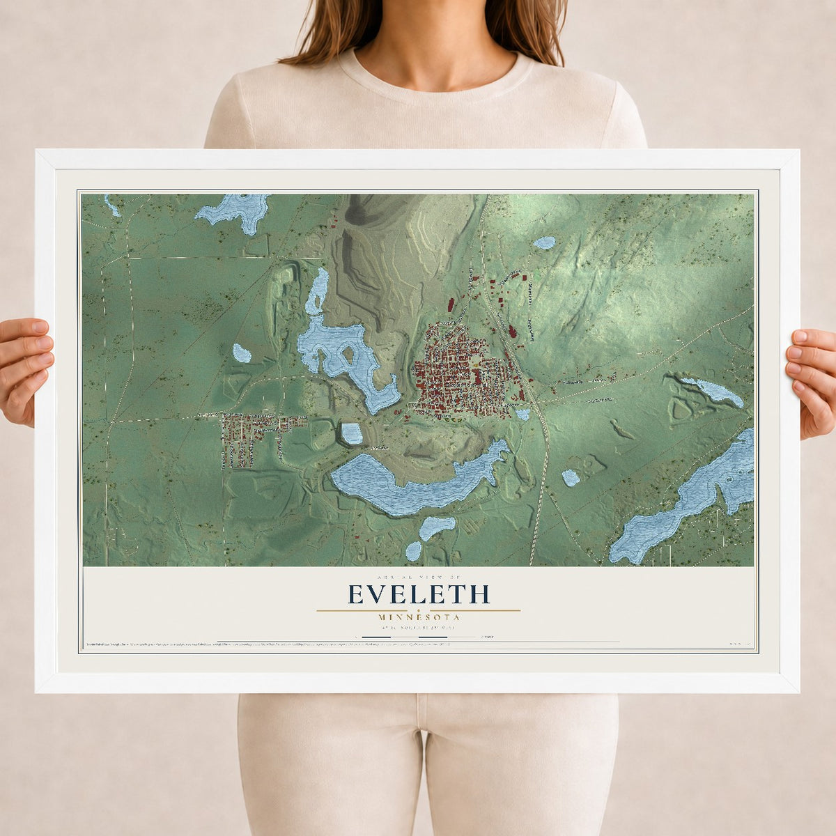 Map of Eveleth, Minnesota, 18 x 24 inch print in a white wood frame