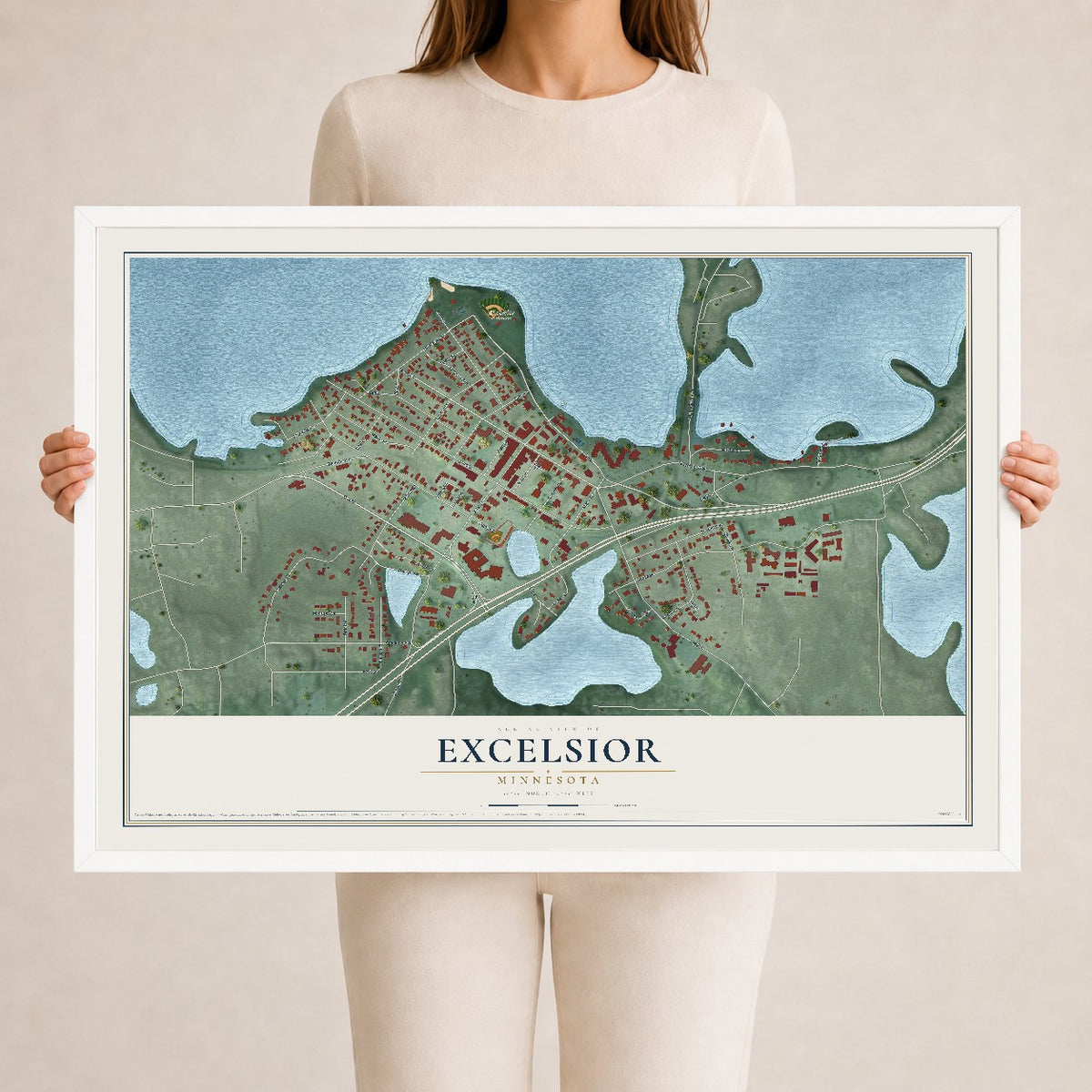Map of Excelsior, Minnesota, 24 x 36 inch print in a white wood frame