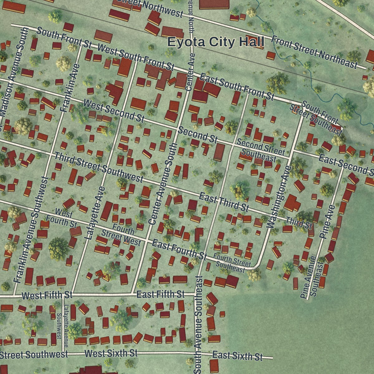 Close-up of the map of Eyota, Minnesota print showing street and building detail
