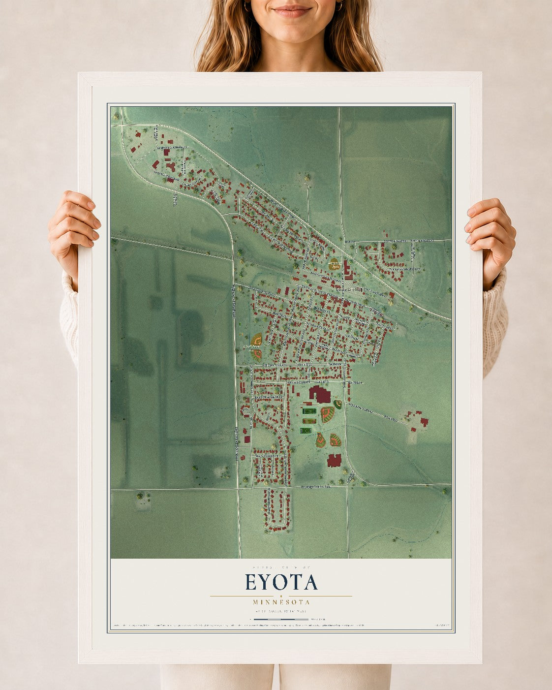 Map of Eyota, Minnesota, 24 x 36 inch print in a white wood frame