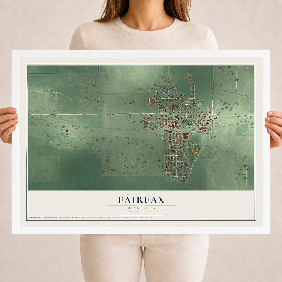 Map of Fairfax, Minnesota, 18 x 24 inch print in a white wood frame