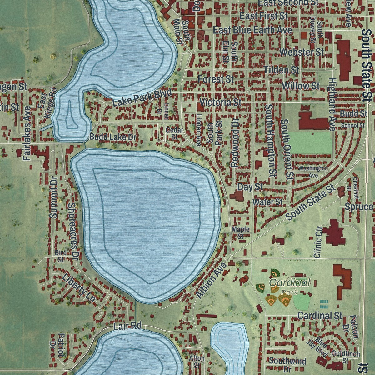Close-up of the map of Fairmont, Minnesota print showing street and building detail