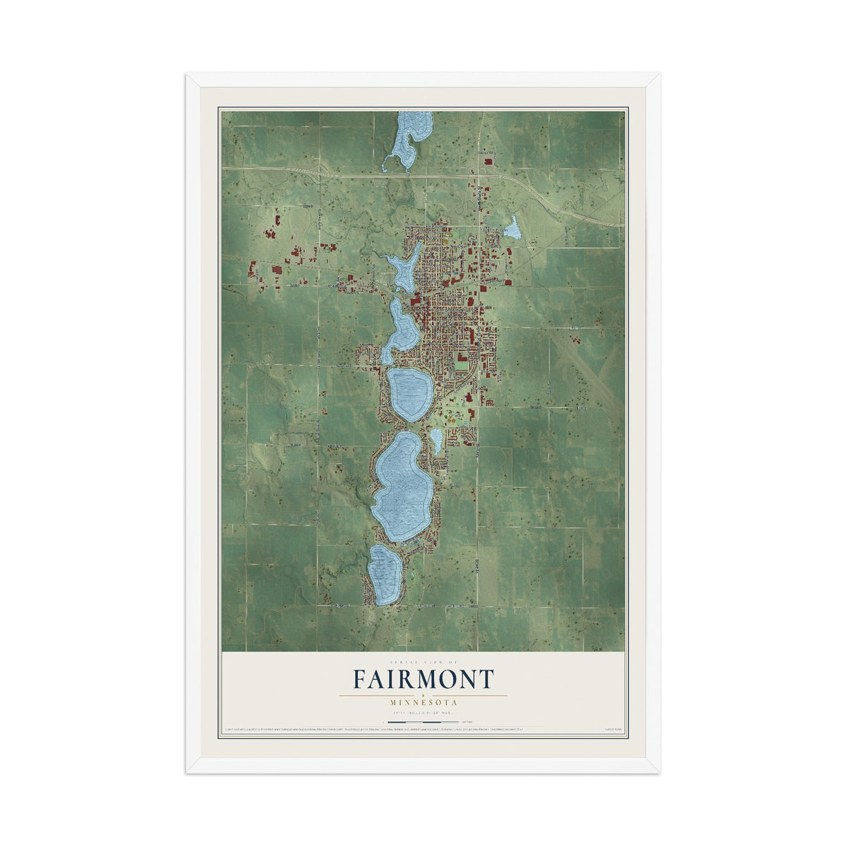 Map of Fairmont, Minnesota, 12 x 18 inch print in a white wood frame