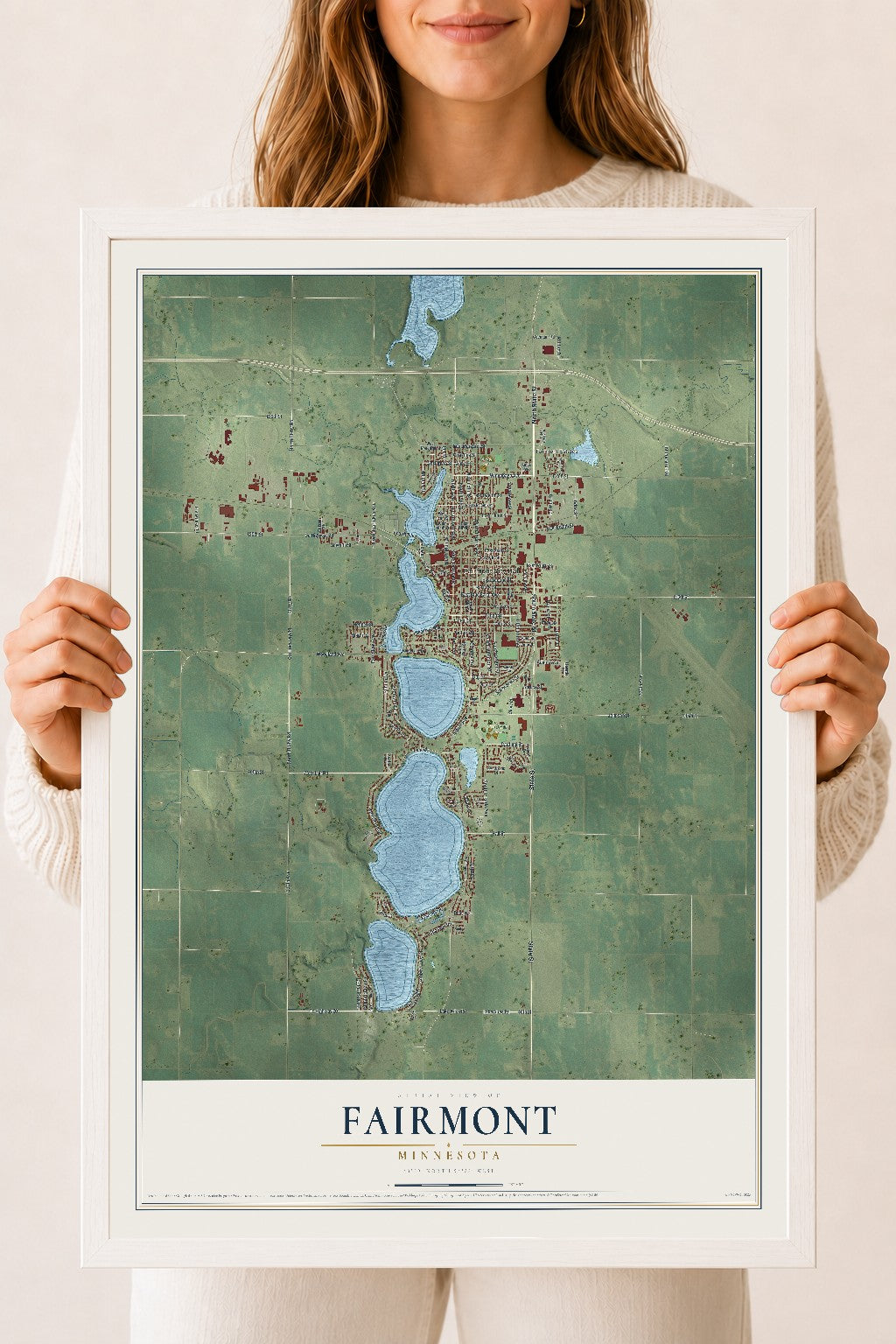 Map of Fairmont, Minnesota, 18 x 24 inch print in a white wood frame