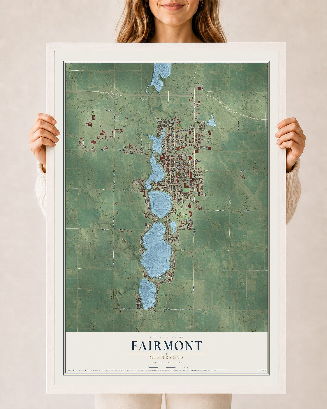 Map of Fairmont, Minnesota, 24 x 36 inch print in a white wood frame