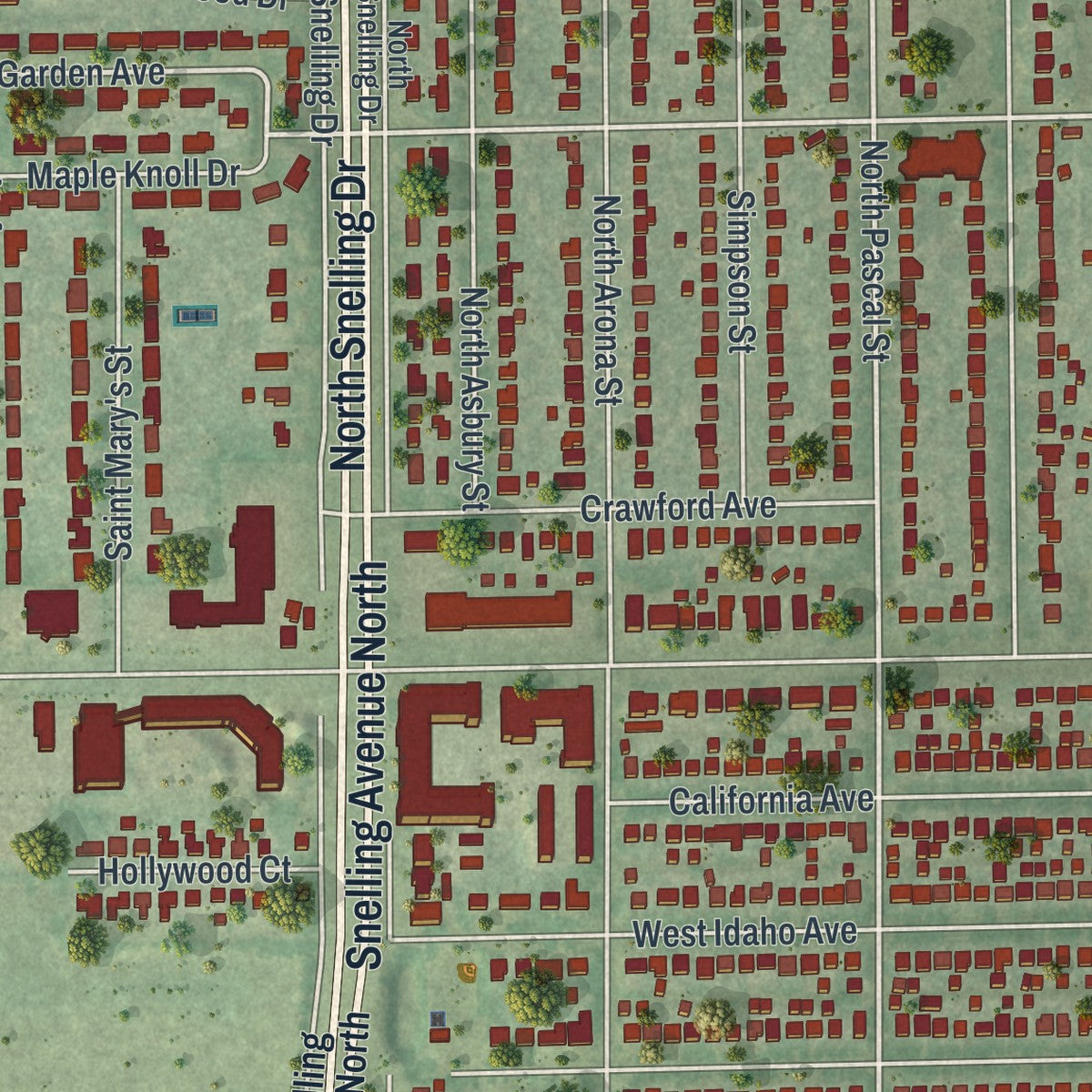 Close-up of the map of Falcon Heights, Minnesota print showing street and building detail