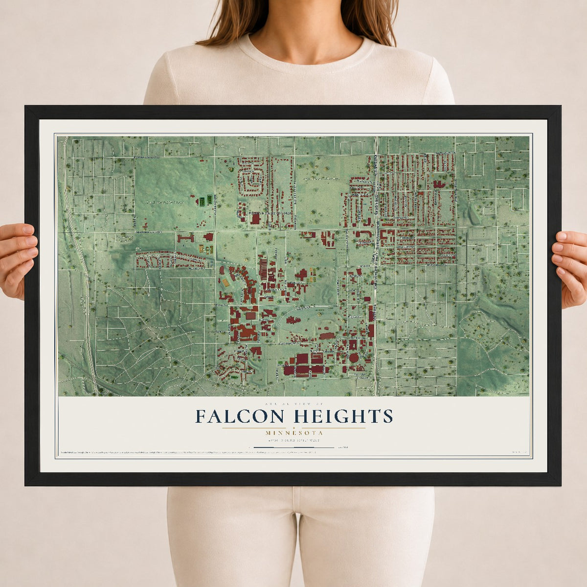Map of Falcon Heights, Minnesota, 18 x 24 inch print in a black wood frame