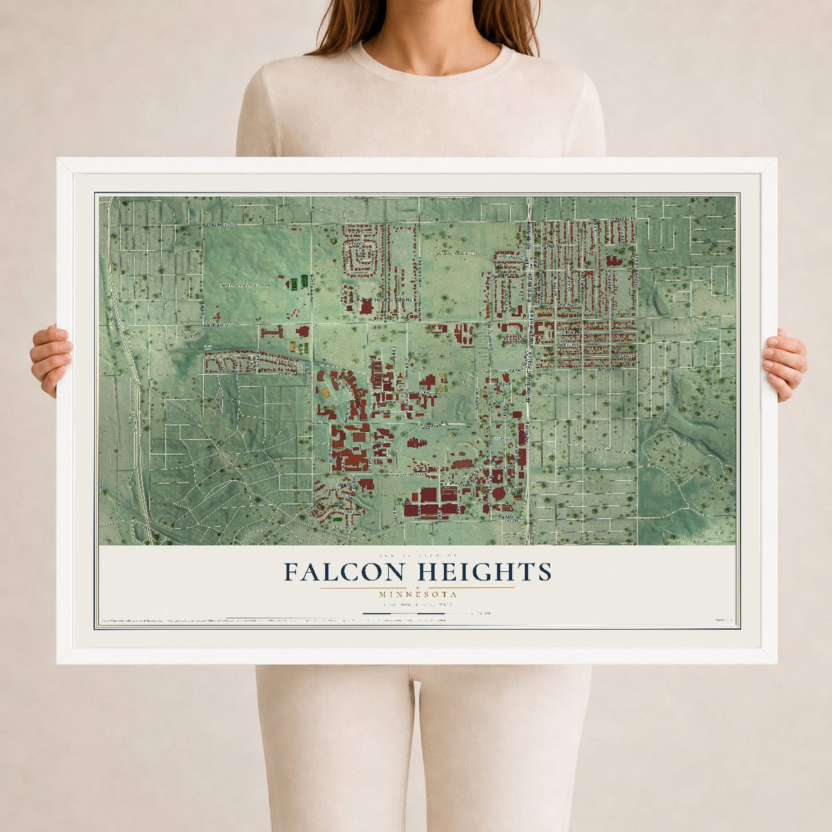Map of Falcon Heights, Minnesota, 24 x 36 inch print in a white wood frame
