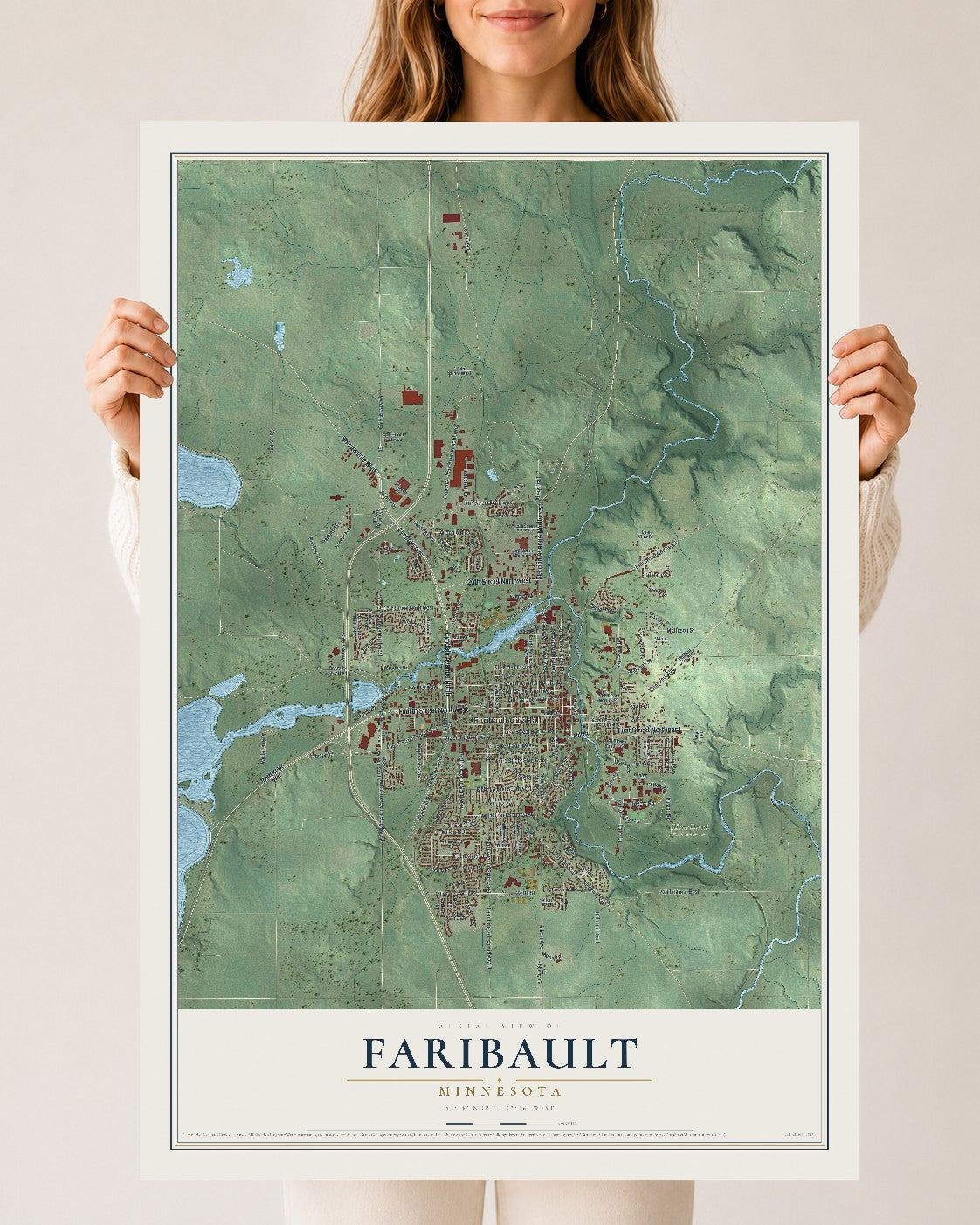 Map of Faribault, Minnesota, 24 x 36 inch unframed archival matte print