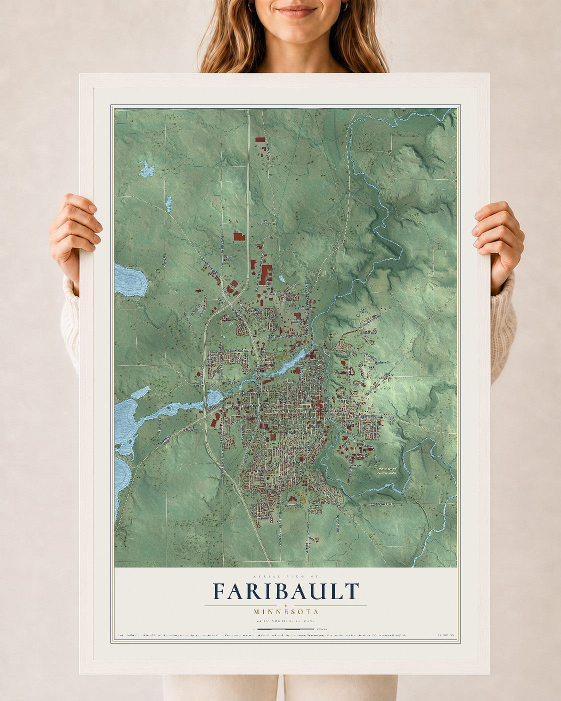 Map of Faribault, Minnesota, 24 x 36 inch print in a white wood frame