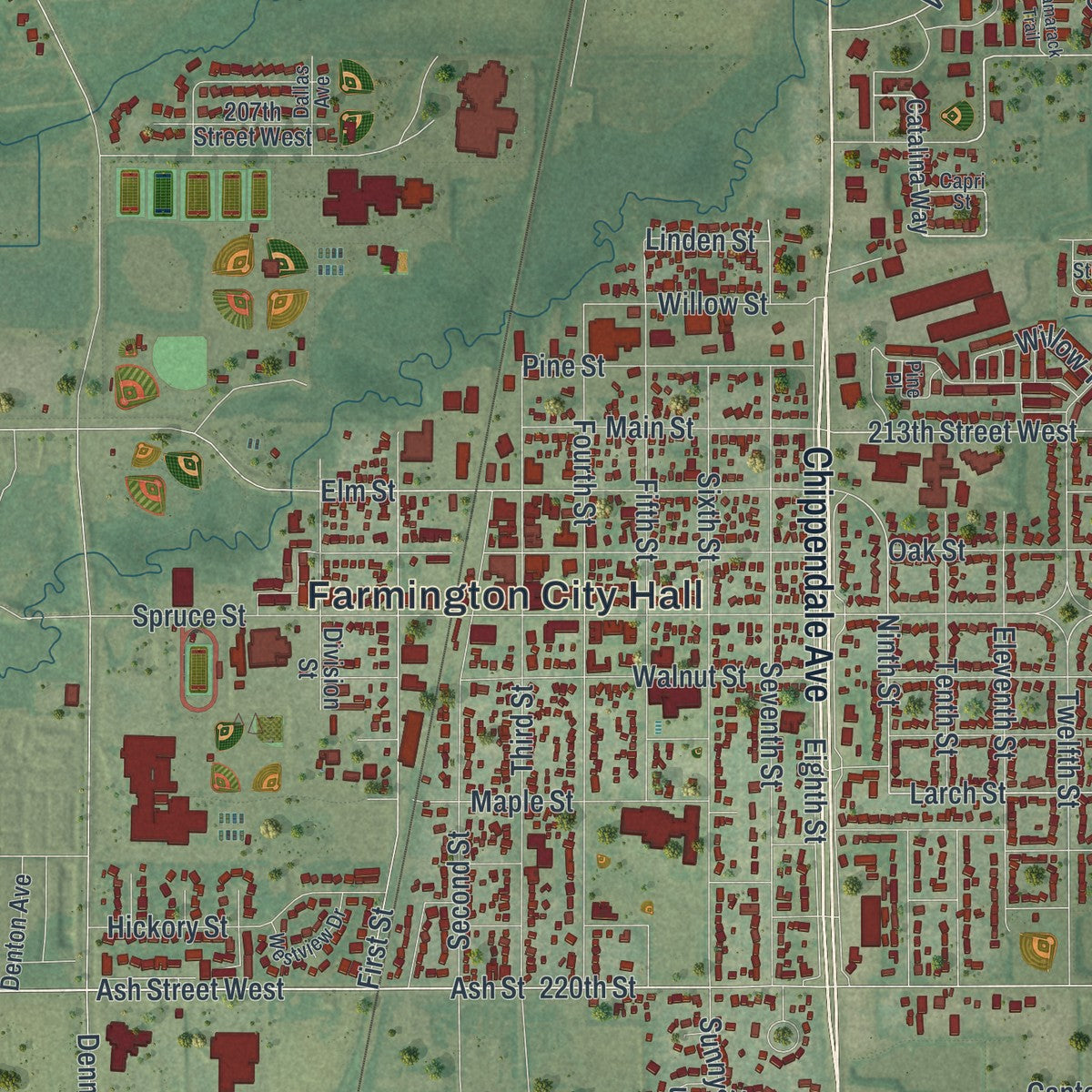 Close-up of the map of Farmington, Minnesota print showing street and building detail