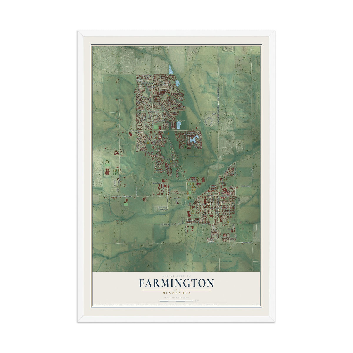 Map of Farmington, Minnesota, 12 x 18 inch print in a white wood frame