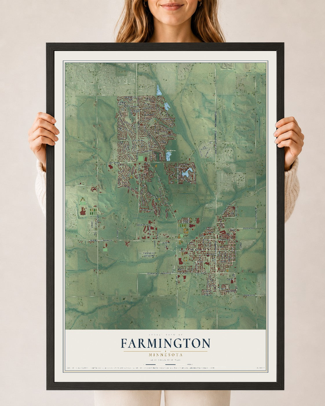 Map of Farmington, Minnesota, 24 x 36 inch print in a black wood frame