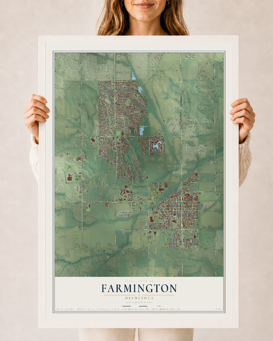 Map of Farmington, Minnesota, 24 x 36 inch print in a white wood frame