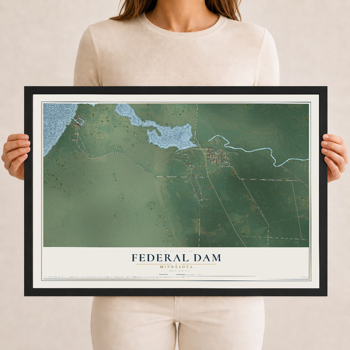 Map of Federal Dam, Minnesota, 12 x 18 inch print in a black wood frame
