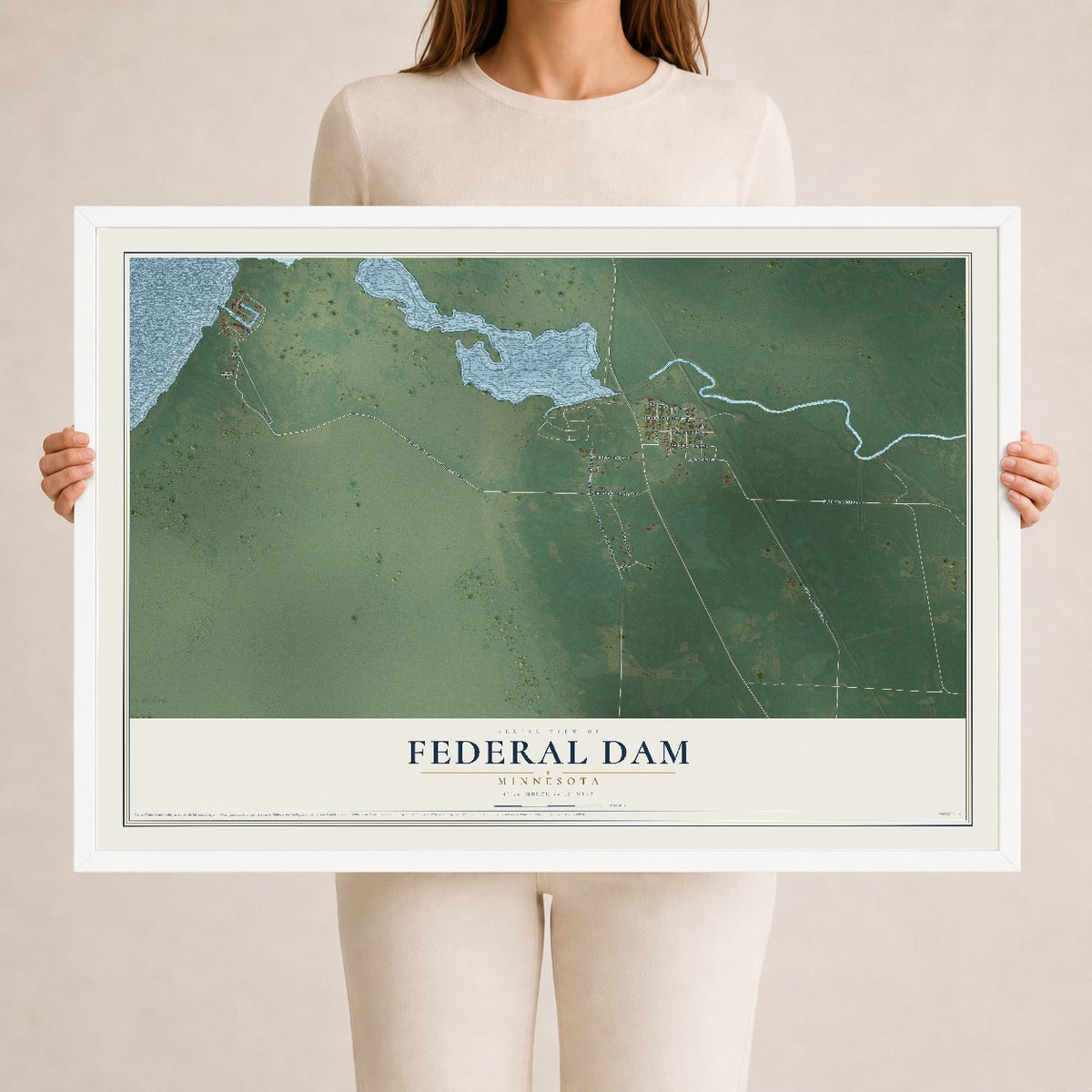Map of Federal Dam, Minnesota, 24 x 36 inch print in a white wood frame