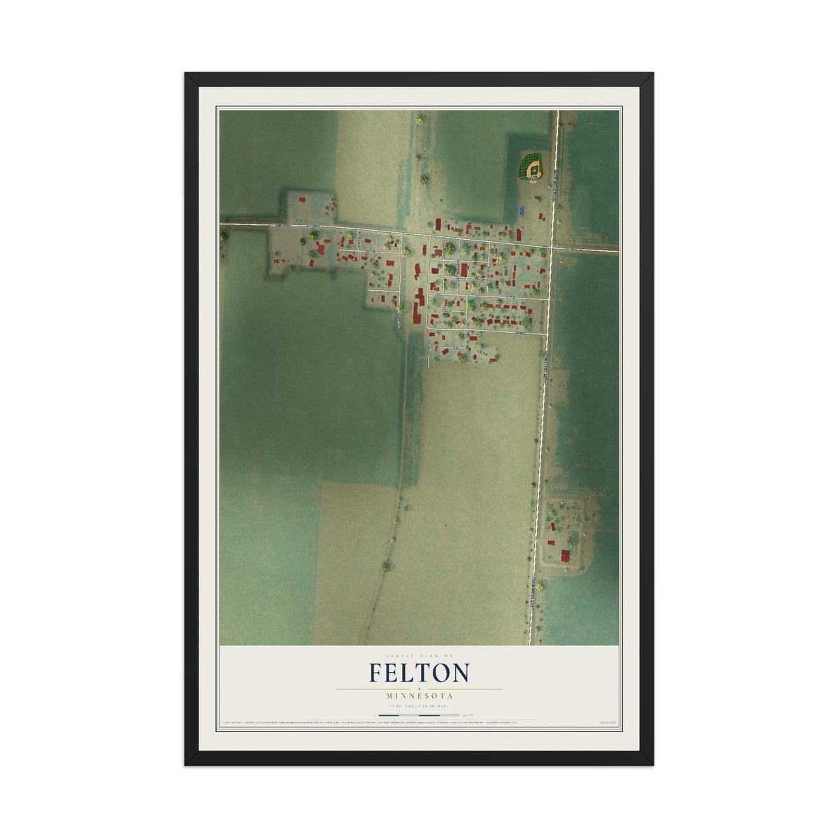 Map of Felton, Minnesota, 12 x 18 inch print in a black wood frame