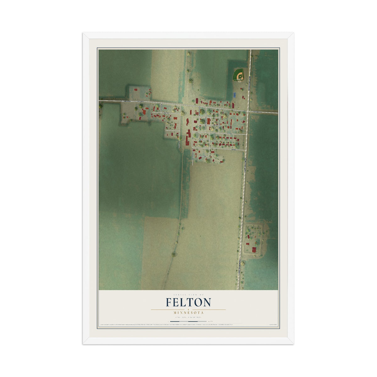 Map of Felton, Minnesota, 12 x 18 inch print in a white wood frame