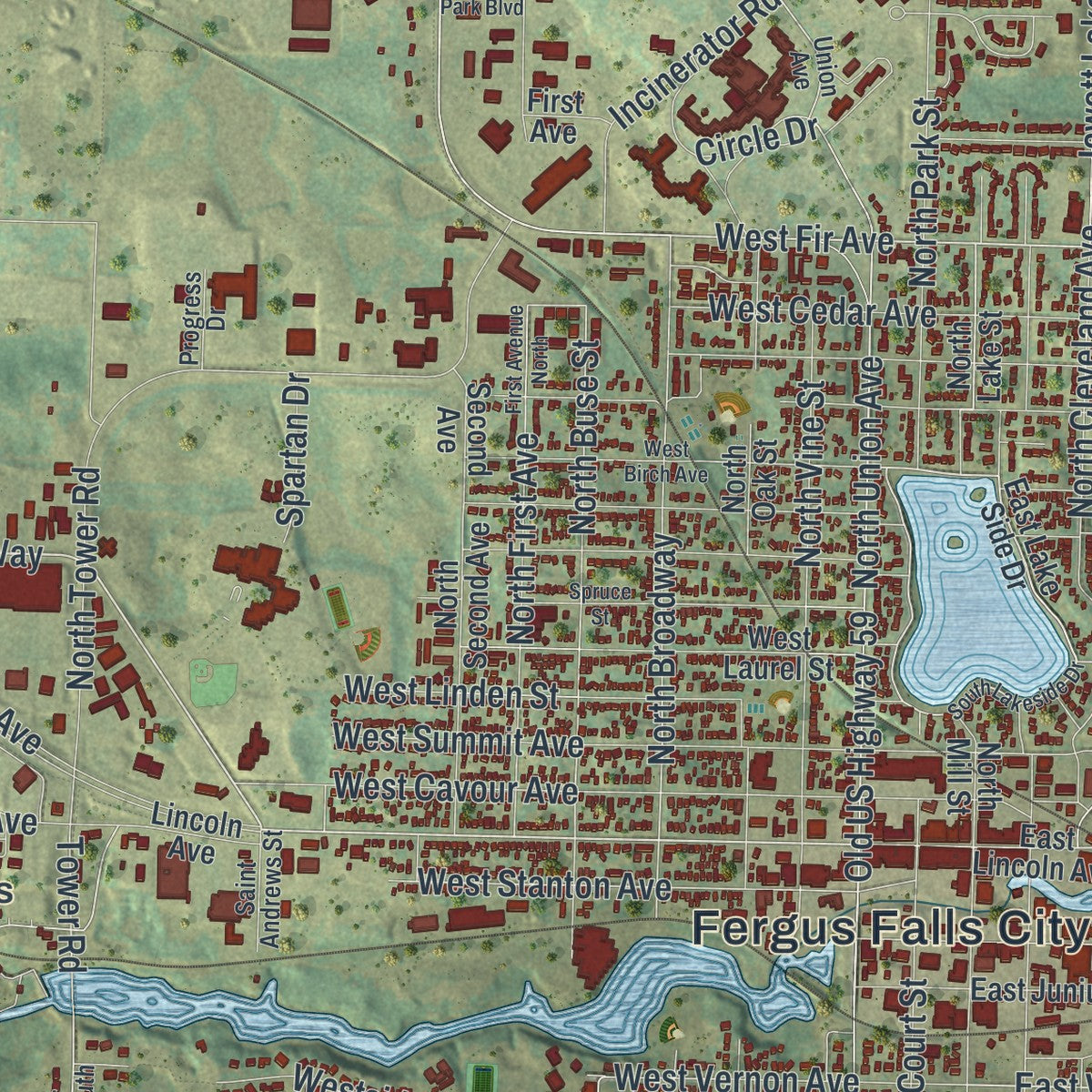 Close-up of the map of Fergus Falls, Minnesota print showing street and building detail