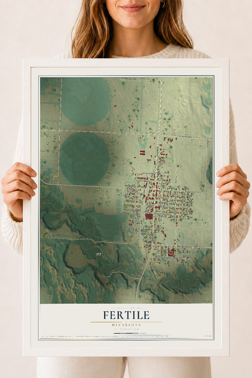 Map of Fertile, Minnesota, 18 x 24 inch print in a white wood frame
