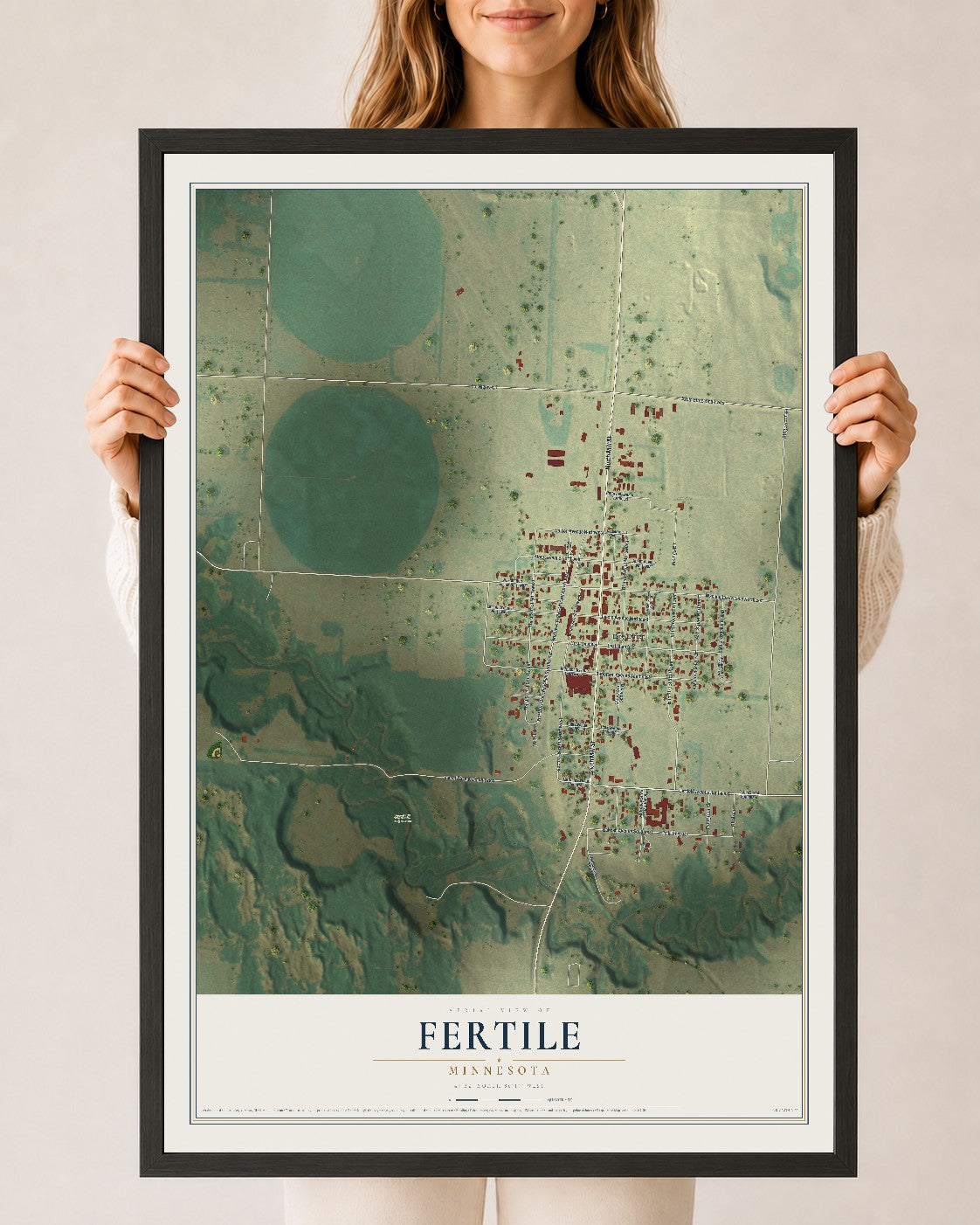 Map of Fertile, Minnesota, 24 x 36 inch print in a black wood frame