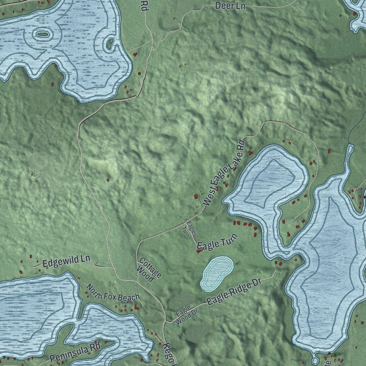 Close-up of the map of Fifty Lakes, Minnesota print showing street and building detail