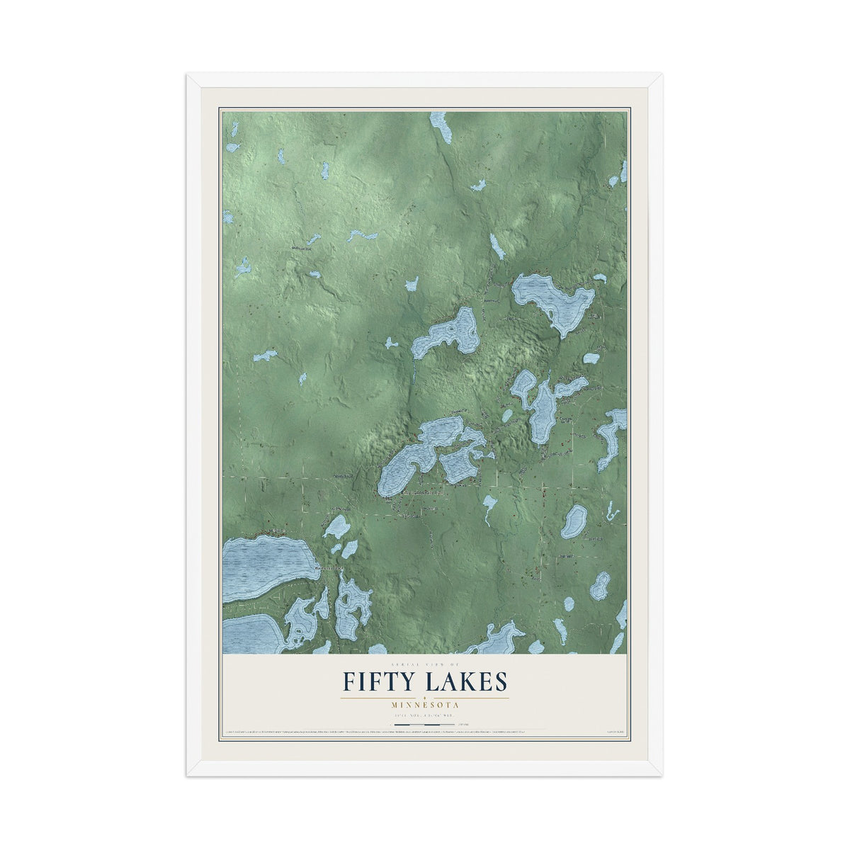 Map of Fifty Lakes, Minnesota, 12 x 18 inch print in a white wood frame