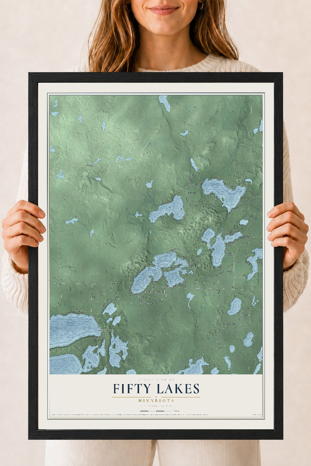 Map of Fifty Lakes, Minnesota, 18 x 24 inch print in a black wood frame