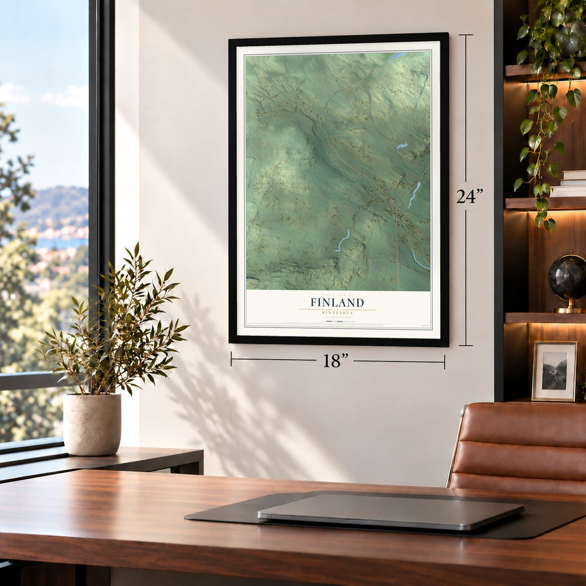 Finland, Minnesota map, 18 x 24 inch print in a black frame in a home office