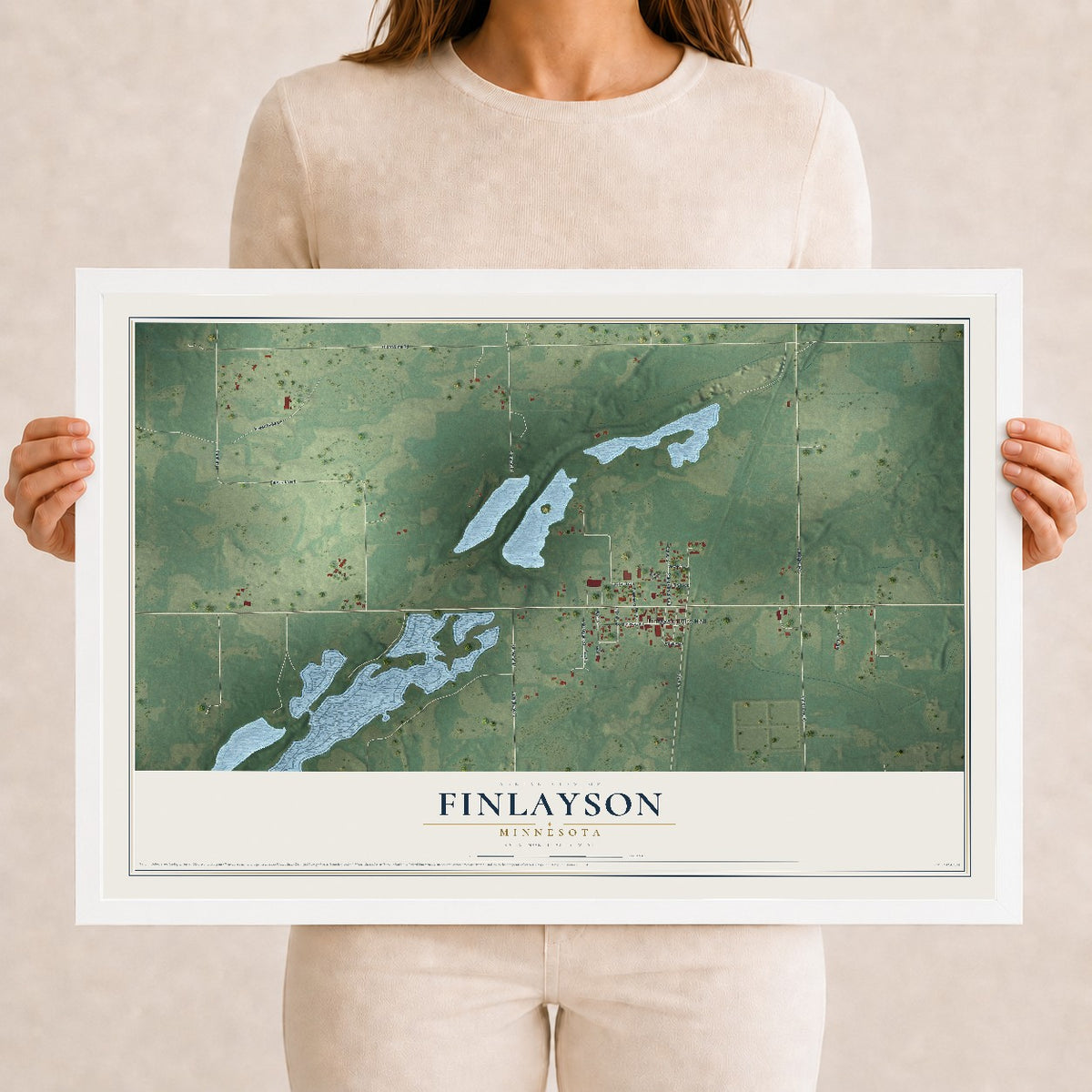 Map of Finlayson, Minnesota, 12 x 18 inch print in a white wood frame