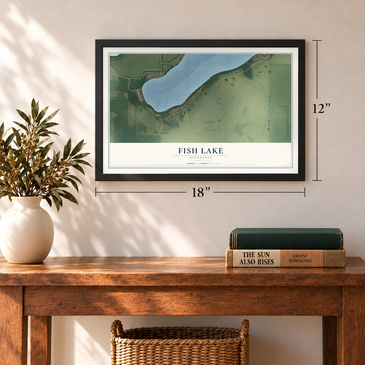 Fish Lake, Minnesota map, 12 x 18 inch print in a black frame in an entryway