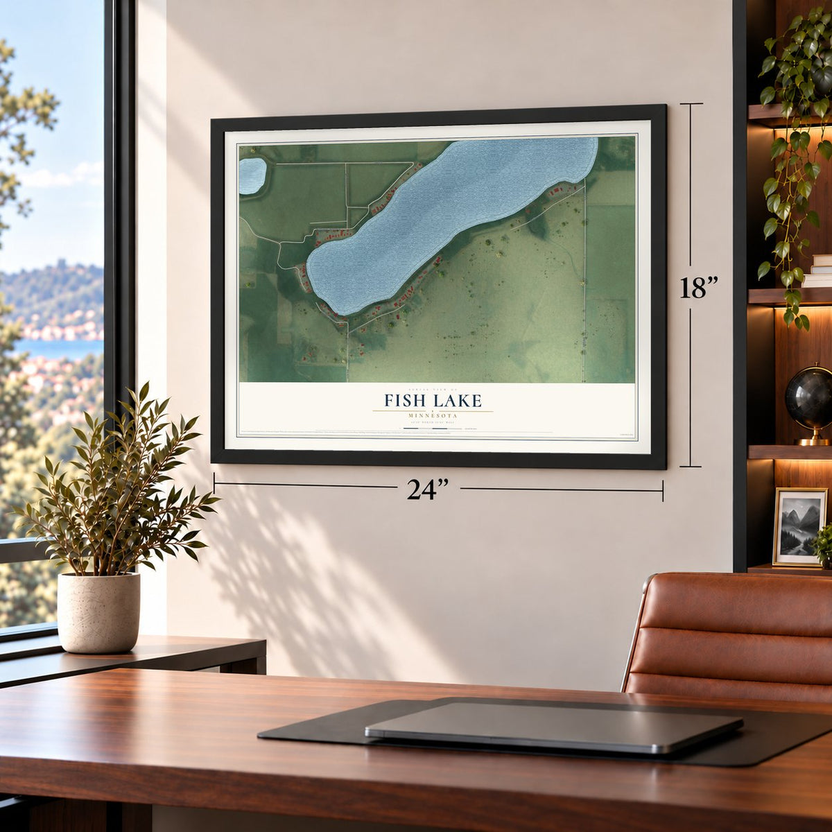 Fish Lake, Minnesota map, 18 x 24 inch print in a black frame in a home office