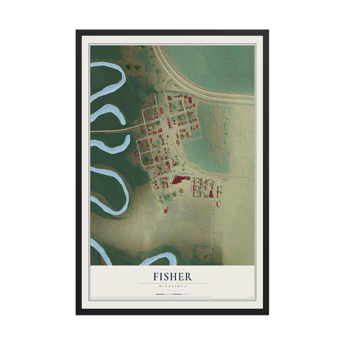Map of Fisher, Minnesota, 12 x 18 inch print in a black wood frame