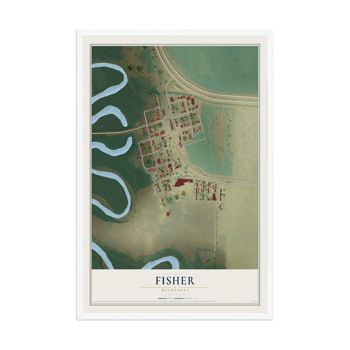 Map of Fisher, Minnesota, 12 x 18 inch print in a white wood frame