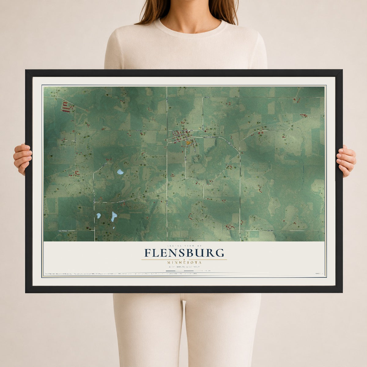 Map of Flensburg, Minnesota, 24 x 36 inch print in a black wood frame