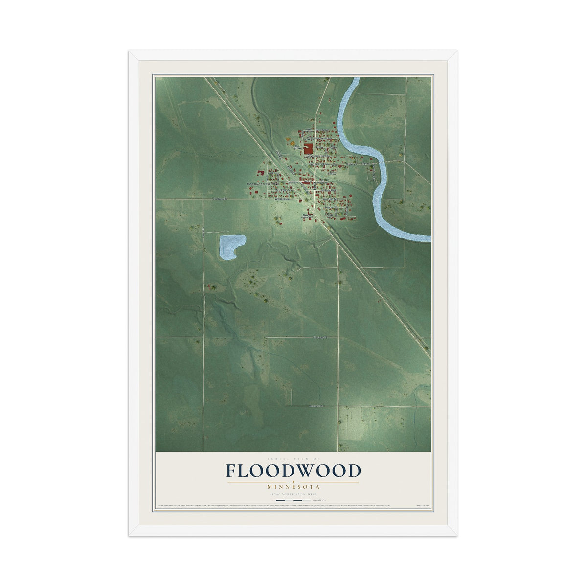 Map of Floodwood, Minnesota, 12 x 18 inch print in a white wood frame