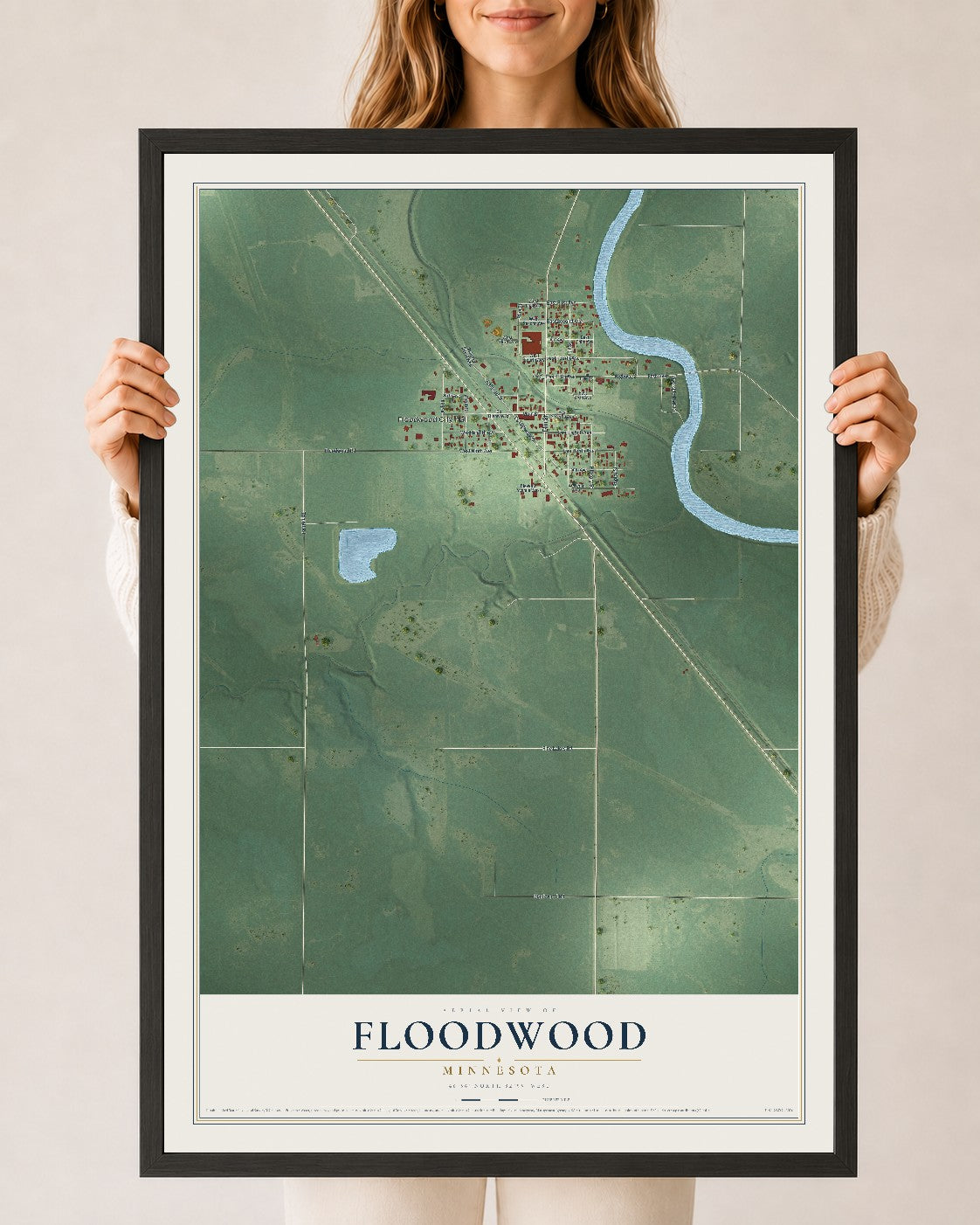 Map of Floodwood, Minnesota, 24 x 36 inch print in a black wood frame
