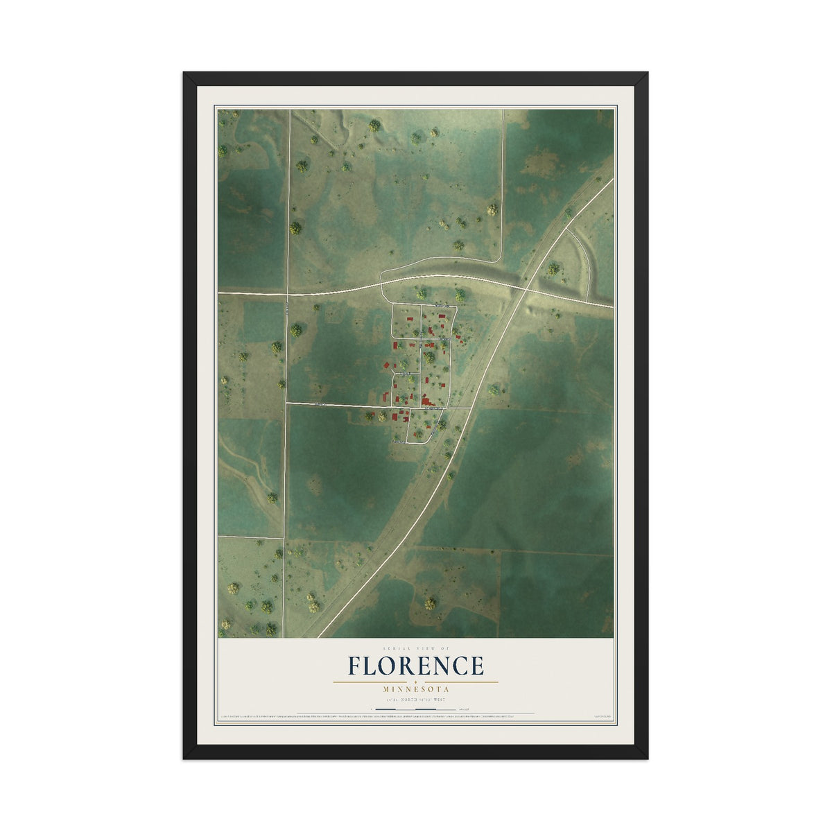 Map of Florence, Minnesota, 12 x 18 inch print in a black wood frame
