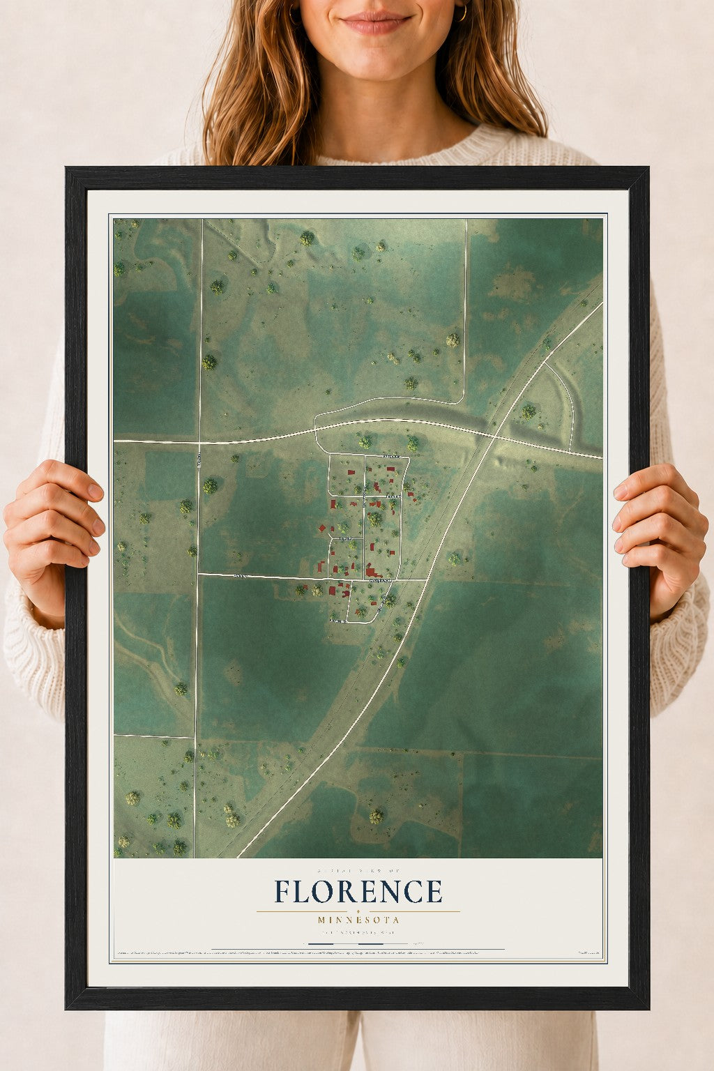 Map of Florence, Minnesota, 18 x 24 inch print in a black wood frame
