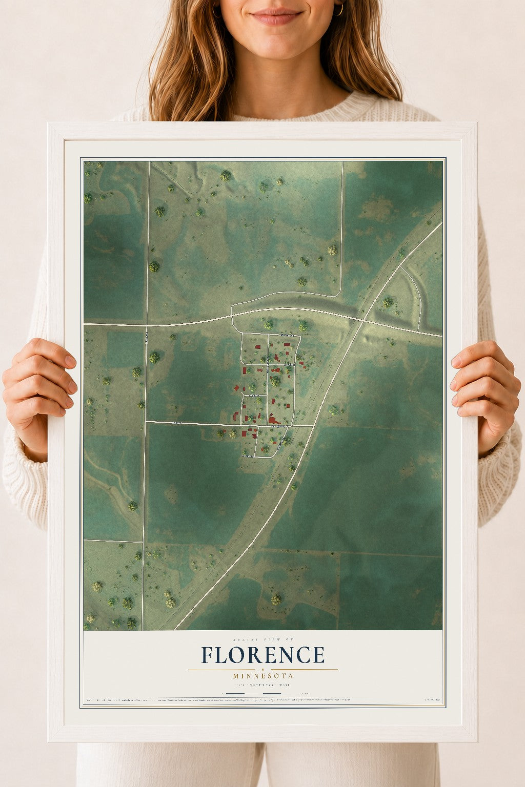 Map of Florence, Minnesota, 18 x 24 inch print in a white wood frame