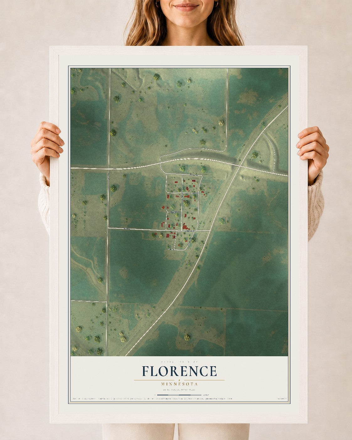 Map of Florence, Minnesota, 24 x 36 inch print in a white wood frame