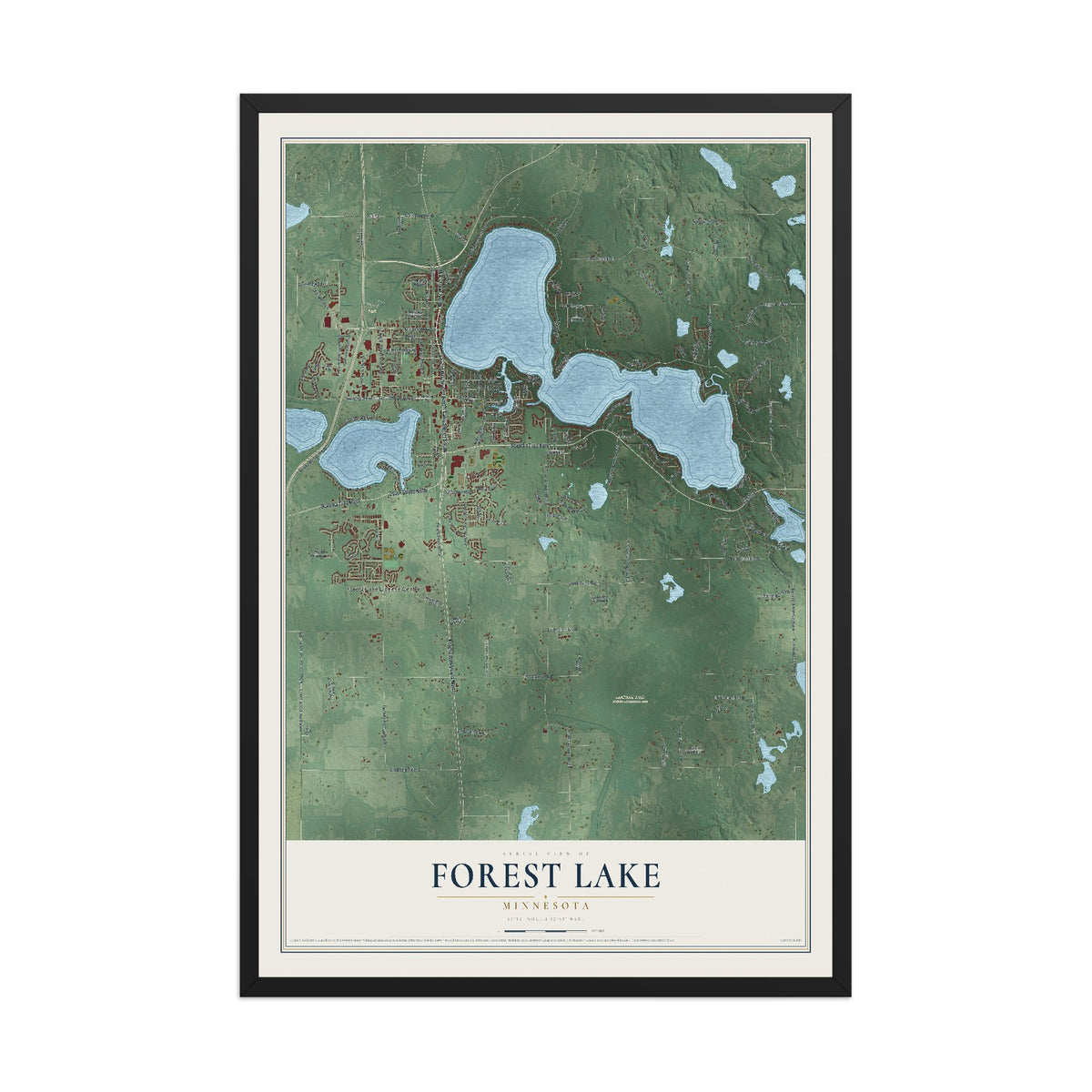 Map of Forest Lake, Minnesota, 12 x 18 inch print in a black wood frame