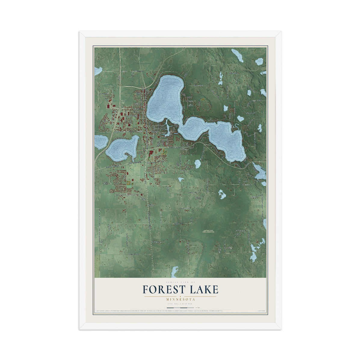 Map of Forest Lake, Minnesota, 12 x 18 inch print in a white wood frame