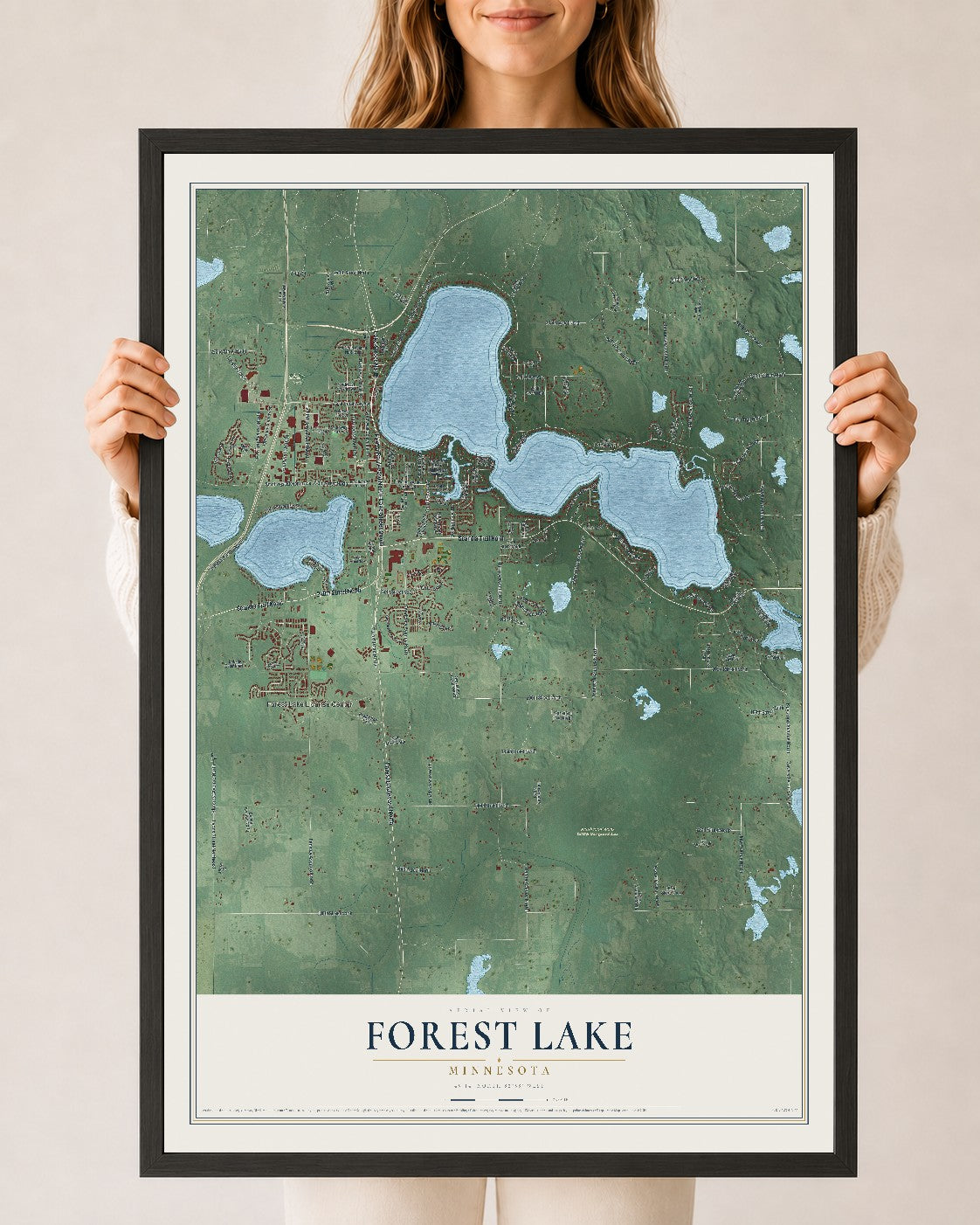 Map of Forest Lake, Minnesota, 24 x 36 inch print in a black wood frame