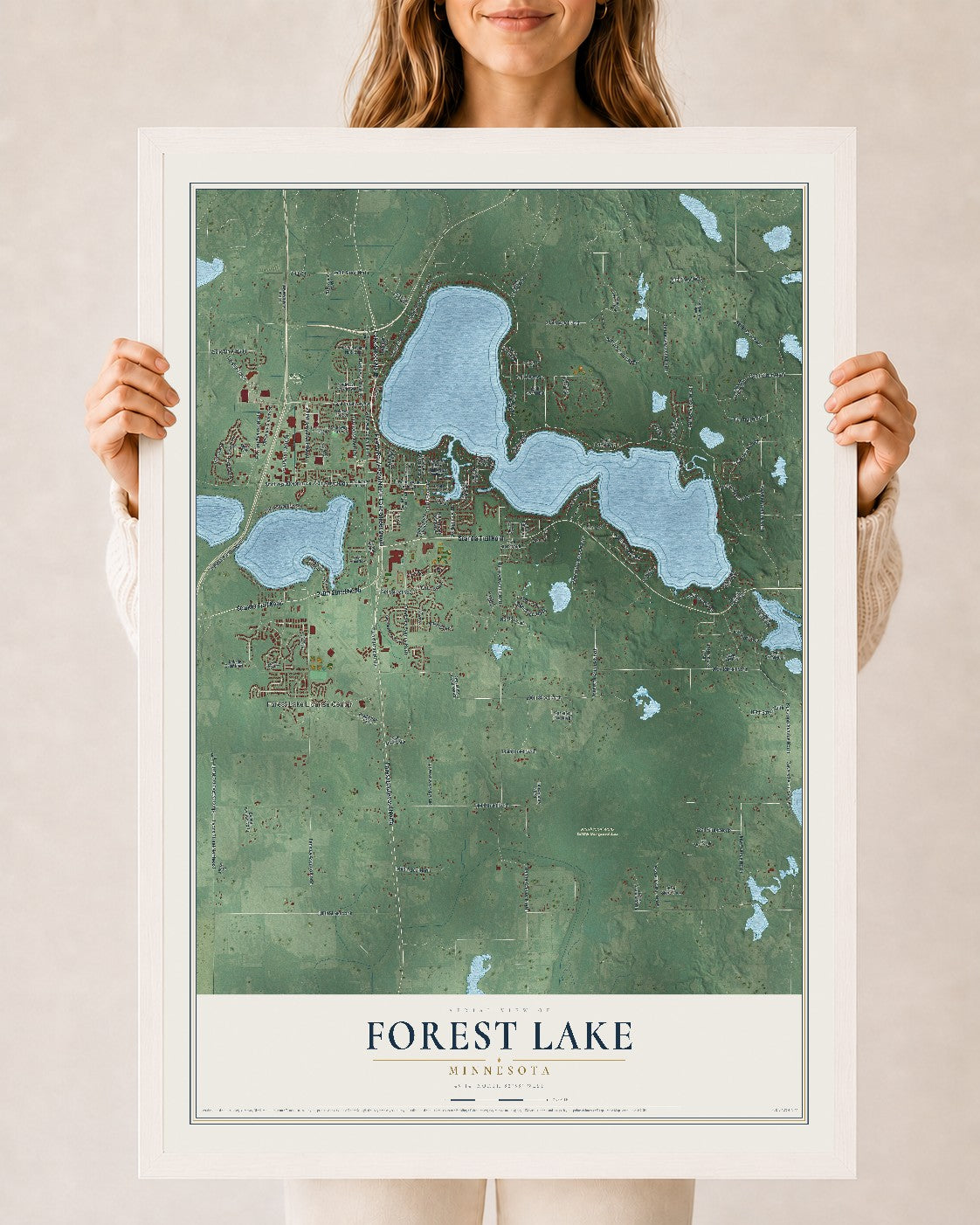 Map of Forest Lake, Minnesota, 24 x 36 inch print in a white wood frame