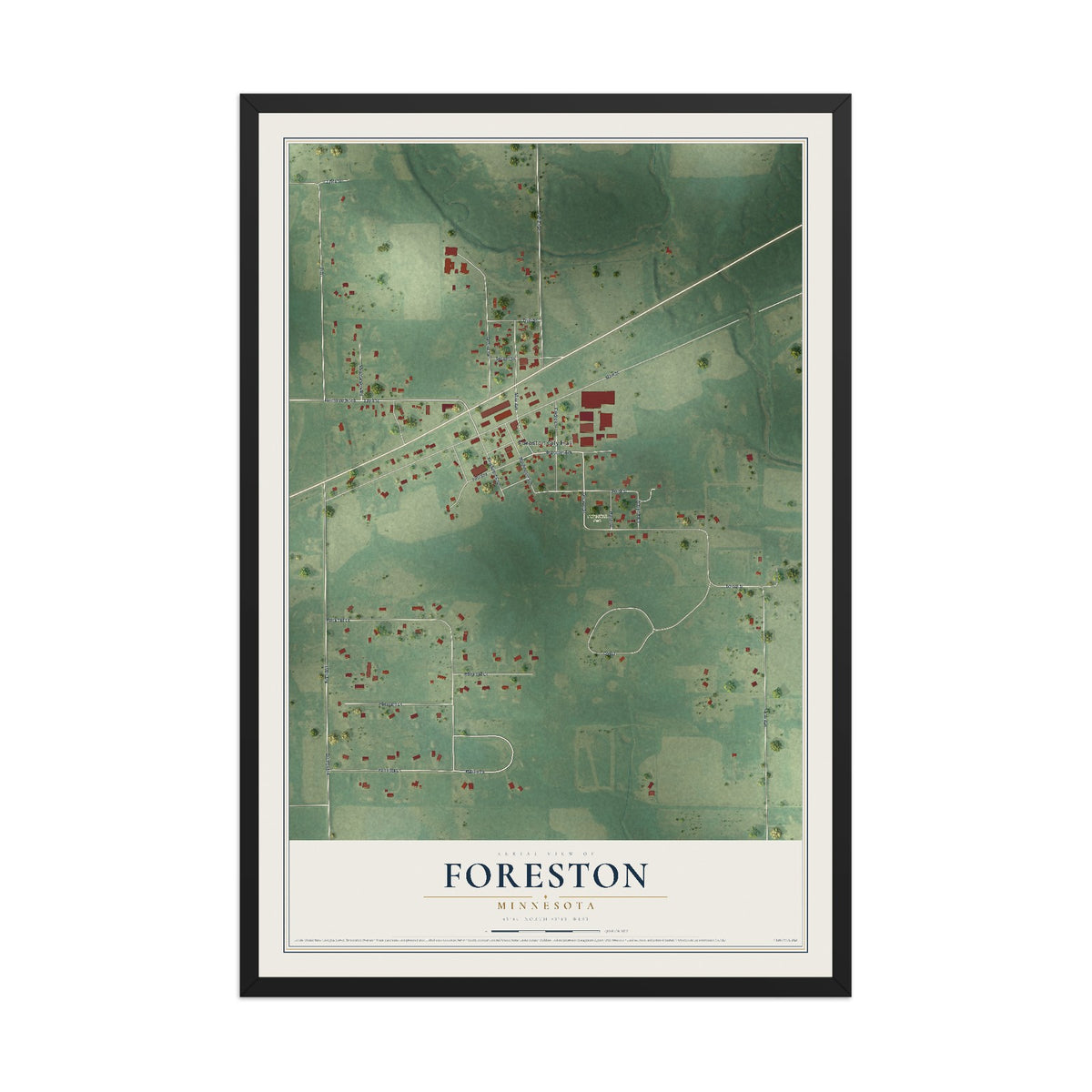 Map of Foreston, Minnesota, 12 x 18 inch print in a black wood frame