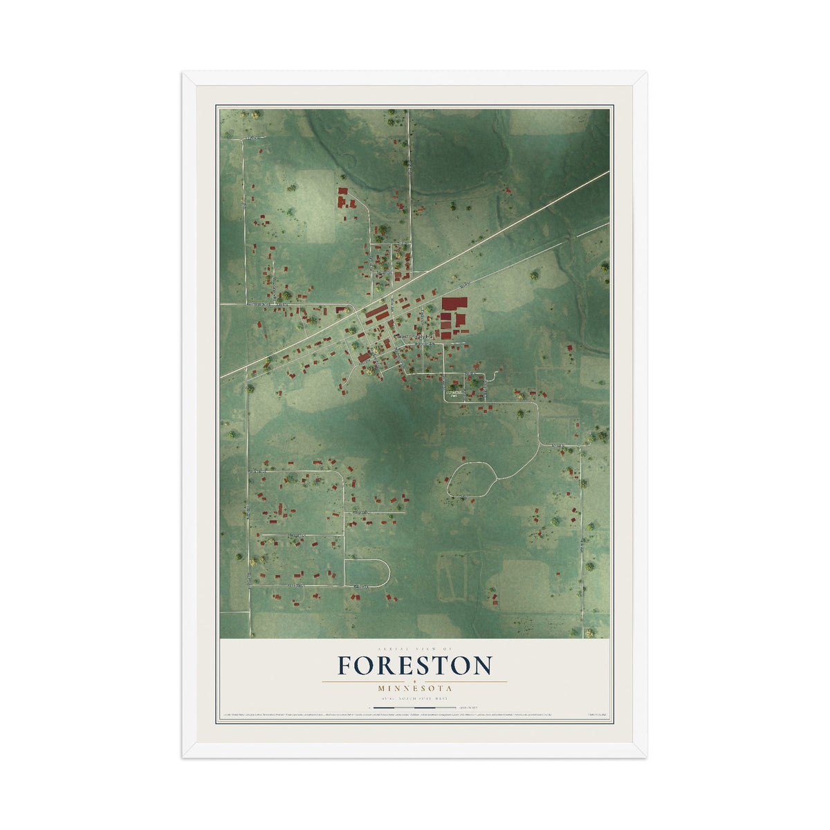 Map of Foreston, Minnesota, 12 x 18 inch print in a white wood frame