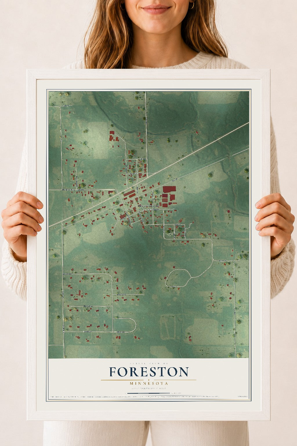 Map of Foreston, Minnesota, 18 x 24 inch print in a white wood frame