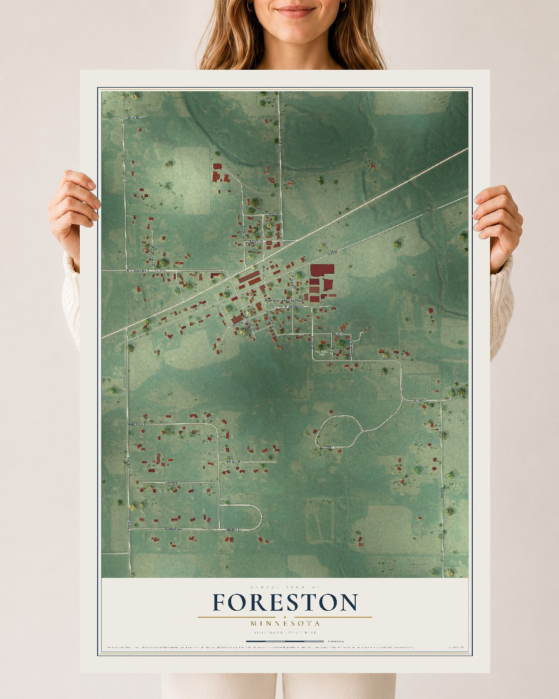 Map of Foreston, Minnesota, 24 x 36 inch unframed archival matte print