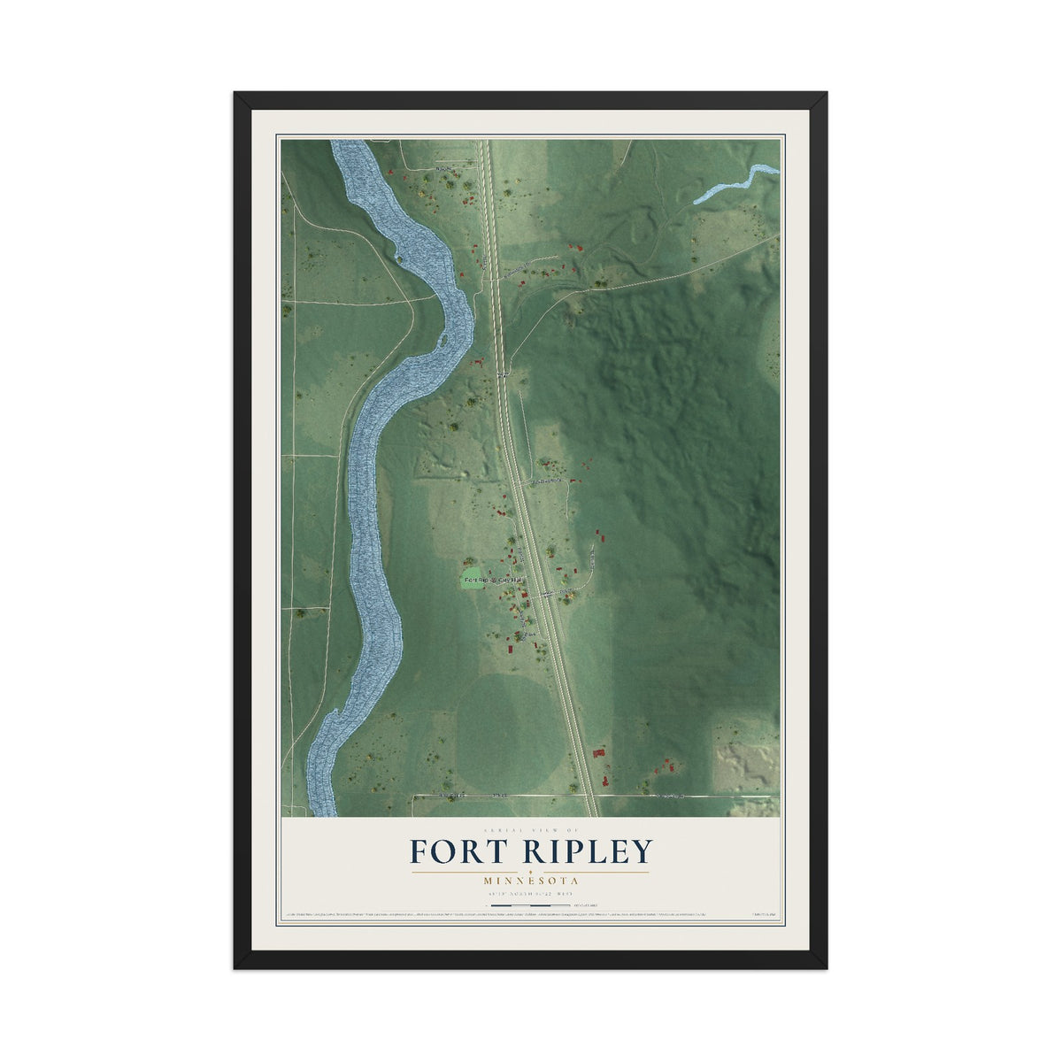 Map of Fort Ripley, Minnesota, 12 x 18 inch print in a black wood frame